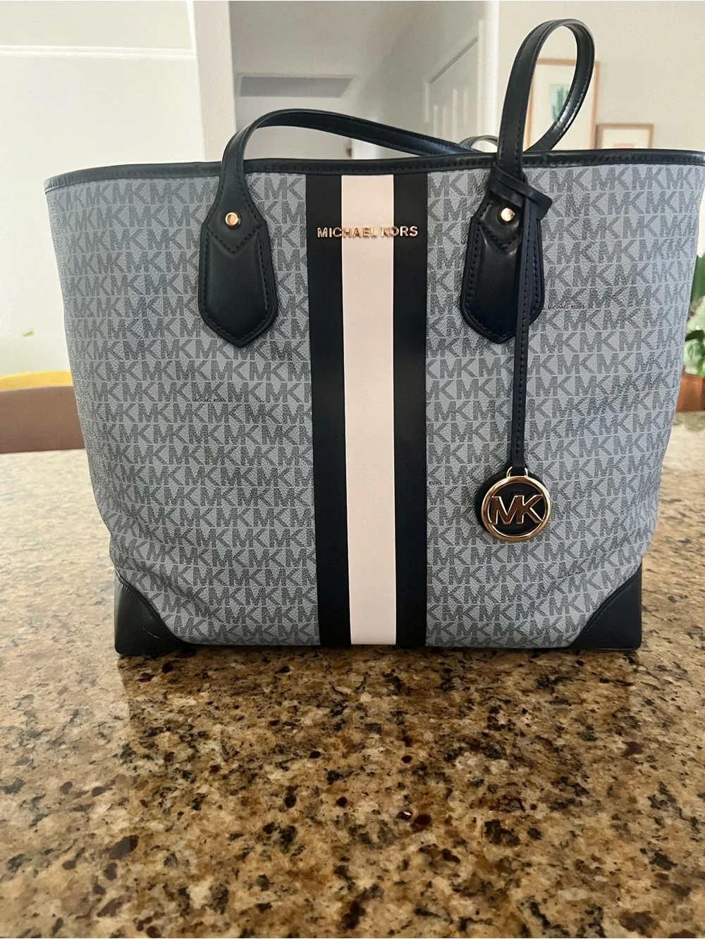 Michael Kors Gray, Black & White Signature Stripe Tote